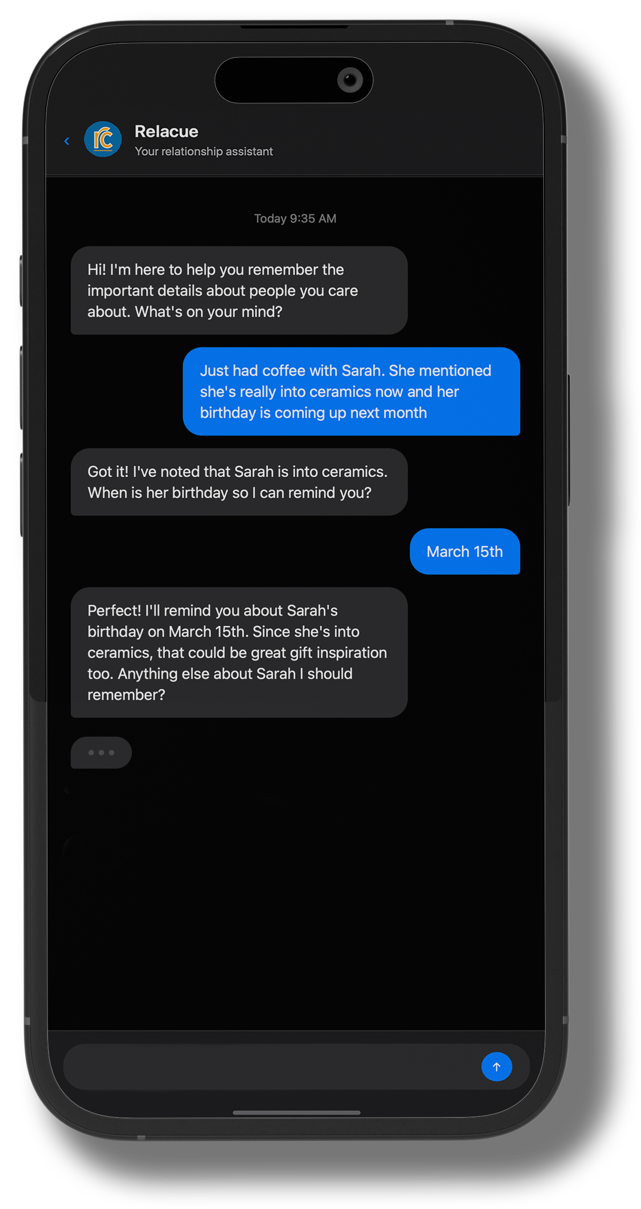 Relacue texting interface - Natural conversation